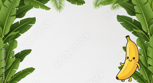White wallpaper background with green banana leaves forming elegant borders around the frame, tropical aesthetic, cheerful visual, smiling cartoon banana mascot on the right side of the screen.