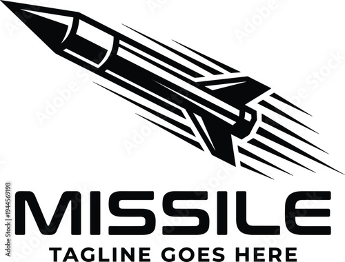 Black and white ballistic missile rocket logo icon with speed lines for military defense and technology industry branding