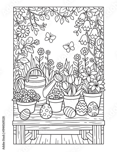 Detailed Spring Garden Scene with Easter Eggs and Butterflies Coloring Page