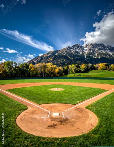 Baseball Field with Mountain Backdrop on a Sunny Day.