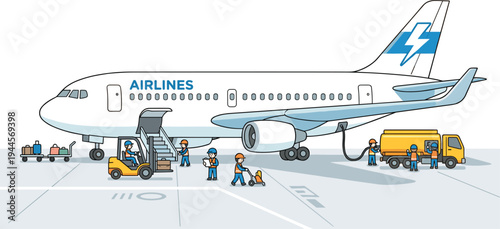 Commercial passenger airplane on tarmac with ground crew performing maintenance refueling and baggage loading flat vector illustration