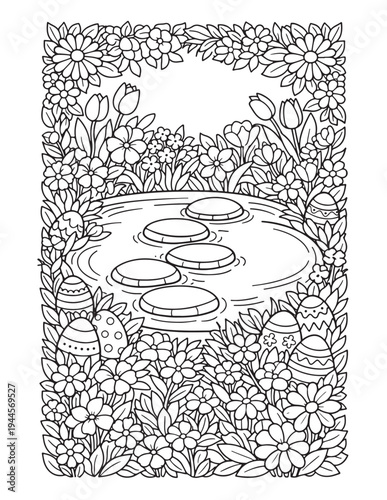 Intricate Easter Garden Pond Scene Coloring Page with Hidden Eggs