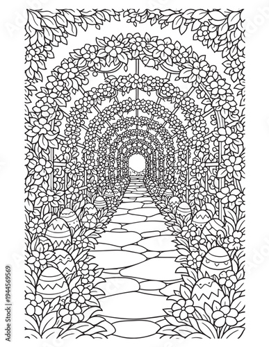 Springtime Floral Archway with Decorative Easter Eggs Printable Coloring Page