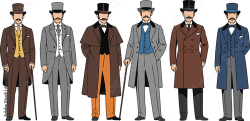 Victorian Gentlemen Fashion Collection Classic Vintage Men Clothing with Top Hats and Canes Vector Illustration