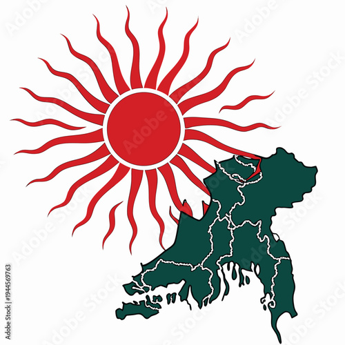 Bangladesh map silhouette with sun and patriotic design elements with white background with flag colors with political map