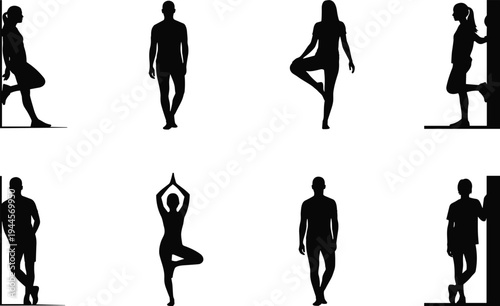 Yoga Tree Pose and Standing People Silhouettes Set Fitness Balance Exercise Posture Vector Collection