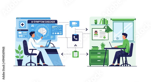 A doctor uses AI symptom checker and telemedicine to consult with a patient remotely from their home, illustrating digital healthcare.