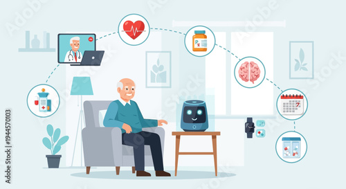 Elderly man using a smart home assistant for remote healthcare monitoring and medical consultations.