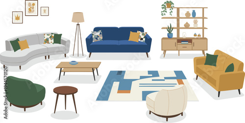 Modern living room furniture vector collection featuring contemporary sofas armchairs coffee tables shelving units and home decor accessories.