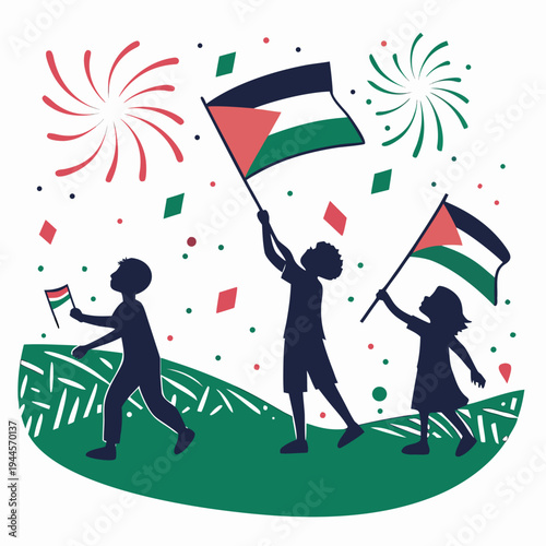 Children celebrating with palestine flags and fireworks