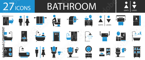 Flat Bathroom Icons Set – Modern Vector Collection of Toilet, Shower, Sink, Hygiene and Sanitary Facilities