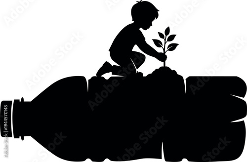A child tending to a seedling growing from a recycled plastic bottle