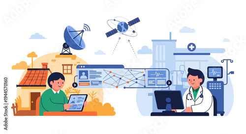 Illustration of a patient at home using a tablet to connect with a doctor in a hospital via satellite, representing telemedicine and remote healthcare.