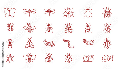A set of red line art insect icons including butterflies, dragonflies, beetles, and snails.