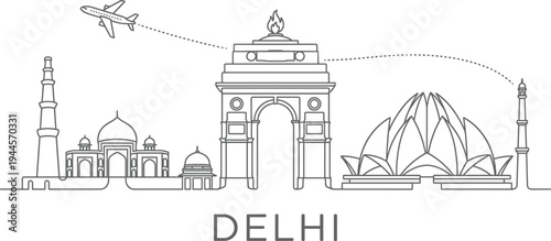 Delhi India city skyline line art illustration with India Gate Lotus Temple and airplane for travel design.