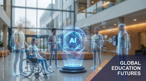 Artificial intelligence education diversity technology future students digital innovation learning teamwork group of diverse students interact with AI hologram modern school futuristic education