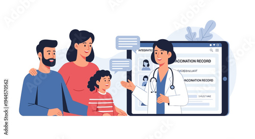 Family consulting with a doctor via a telemedicine video call on a tablet, discussing vaccination records.