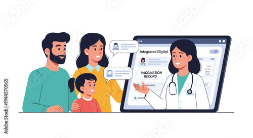 A diverse family consults with a doctor via a digital tablet, discussing vaccination records and integrated health information.