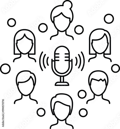 A group of people listening to a speaker through a microphone