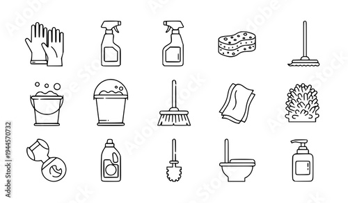 A set of minimalist line art icons depicting various cleaning tools and supplies