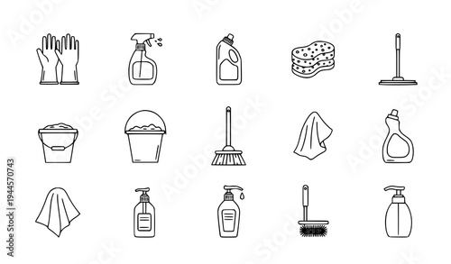 A set of minimalist line art icons depicting various cleaning tools and supplies