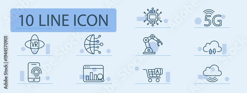 Technology set icon. Microchip, 5g signal, vr headset, global network, robot arm, cloud upload, fingerprint scan, data analytics, ai cart, wireless storage, digital innovation.