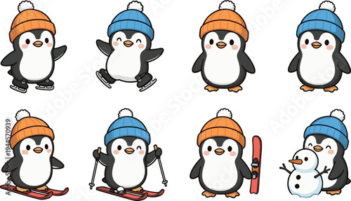 Set of cute cartoon penguins wearing winter hats ice skating skiing building snowman playful arctic characters collection for kids design stickers winter activities illustration