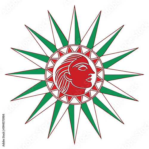 Stylized sunburst emblem with woman's profile and green starburst with abstract and symbolic graphic element with digital art