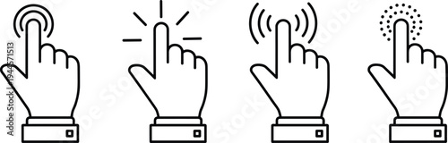 Hand gesture icons showing tap, touch, haptic feedback, tactile interaction, user interface gestures, digital device control, technology communication, vector illustration