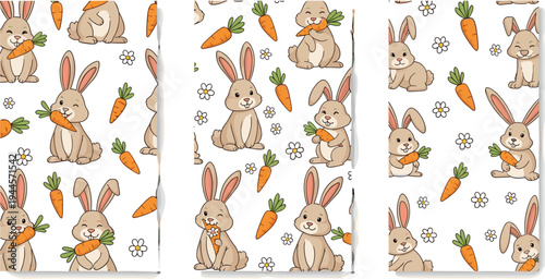 Cute seamless pattern set featuring bunny characters eating carrots and white daisy flowers with a textured hand-drawn style for textiles wallpapers and gift wrapping.