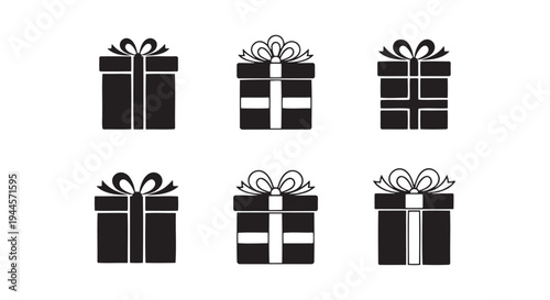 Black gift boxes with ribbons, presents icons set, wrapped boxes