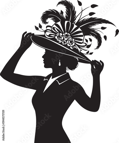 Woman wearing elegant hat silhouette vector illustration line art for fashion and racing