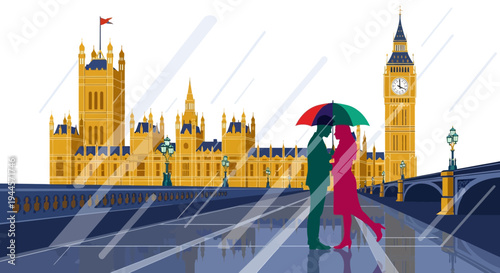 London cityscape illustration with couple walking under umbrella