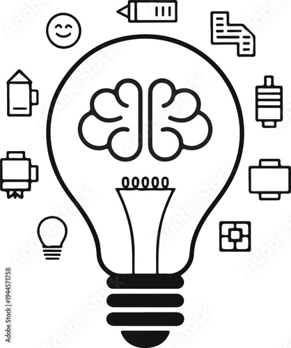 Lightbulb brain icon with surrounding business and technology icons with idea generation with new idea