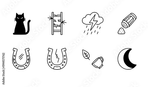 A set of eight black and white vector icons featuring various symbols and objects