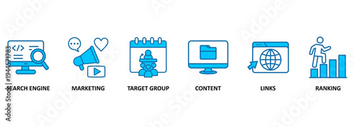 Banner SEM search engine marketing vector illustration concept with keywords and icons