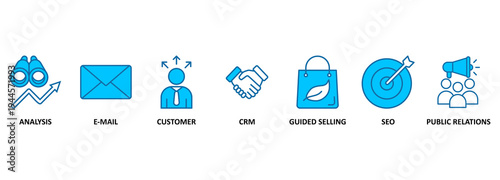 Banner of inbound marketing web vector illustration concept with icons of analysis, email, customer, crm, guided selling, seo, public relations