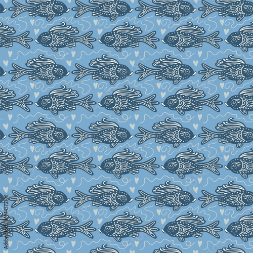 Seamless Blue Fish Pattern with Ethnic Ornamental Design