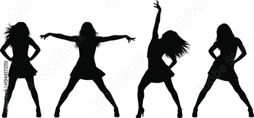 Dancing woman silhouette collection, energetic female dancers in various expressive poses, club party nightlife, pop music performance vector illustrations, commas.