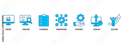 Banner content strategy vector illustration concept with keywords and icons