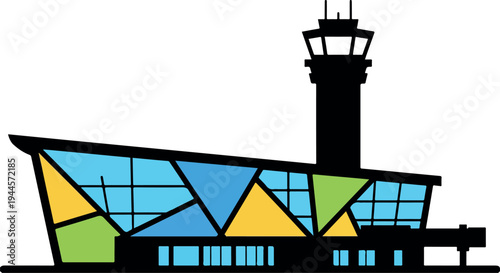 Vector illustration of colorful airport terminal building with control tower