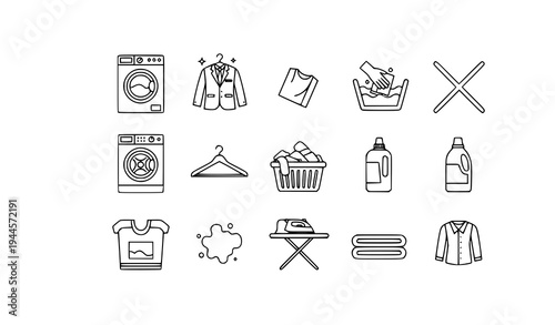A set of laundry icons including washing machines, clothes, and cleaning supplies in a flat, minimalist design style.