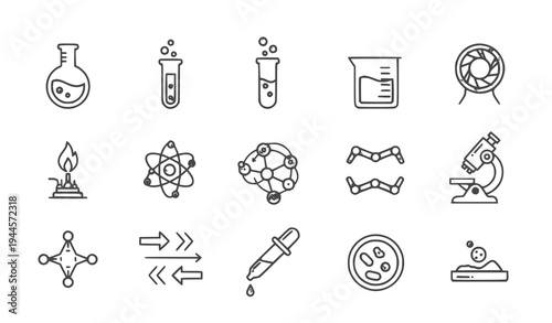 A set of science icons in a flat, minimalist design style, featuring various laboratory and chemistry symbols.