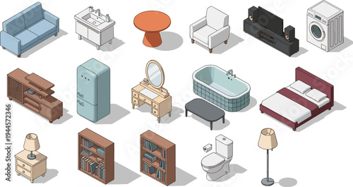 isometric home furniture and appliances set illustration, modern interior household items including sofa bed bathtub refrigerator and television isolated vector