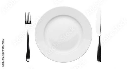 Vászonkép Elegant white plate with fork and knife isolated PNG, minimalist tableware set f