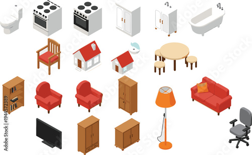 isometric home furniture and appliances set illustration, sofa, chair, cabinet, stove, bathtub, table, house decor elements isolated vector collection