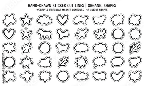Hand Drawn Sticker Cut Lines SetOrganic Shapes Wobbly Marker Contours 42 Unique Designs White Background