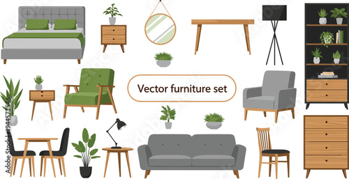 modern home furniture set illustration, living room and bedroom interior collection with sofa, bed, chair, table, plants isolated vector