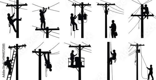 Set of electrician lineman silhouettes repairing power lines on utility poles, electrical maintenance workers climbing poles and working on cables, energy infrastructure vector collection