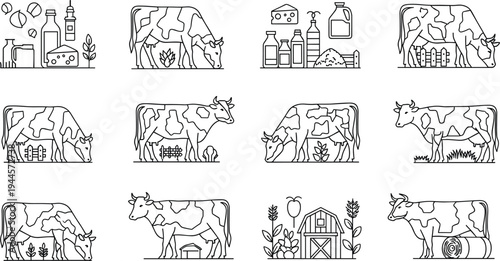 Dairy farm line icon set featuring holstein cows milk bottles cheese barn and organic livestock symbols for agriculture branding and food packaging design.